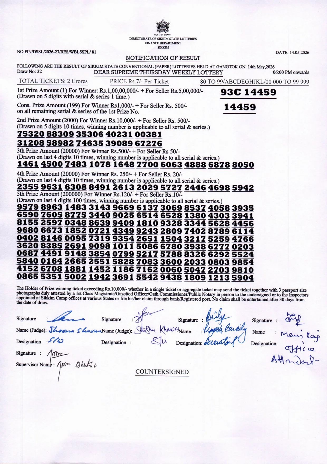 Dear Lottery result sheet 6:00 PM 14-05-2026
