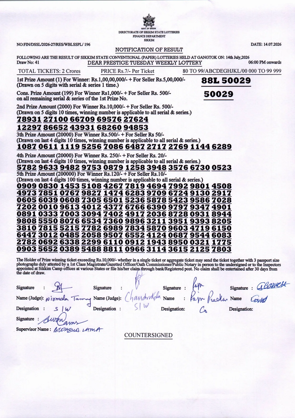 Dear Lottery result sheet 6:00 PM 14-07-2026