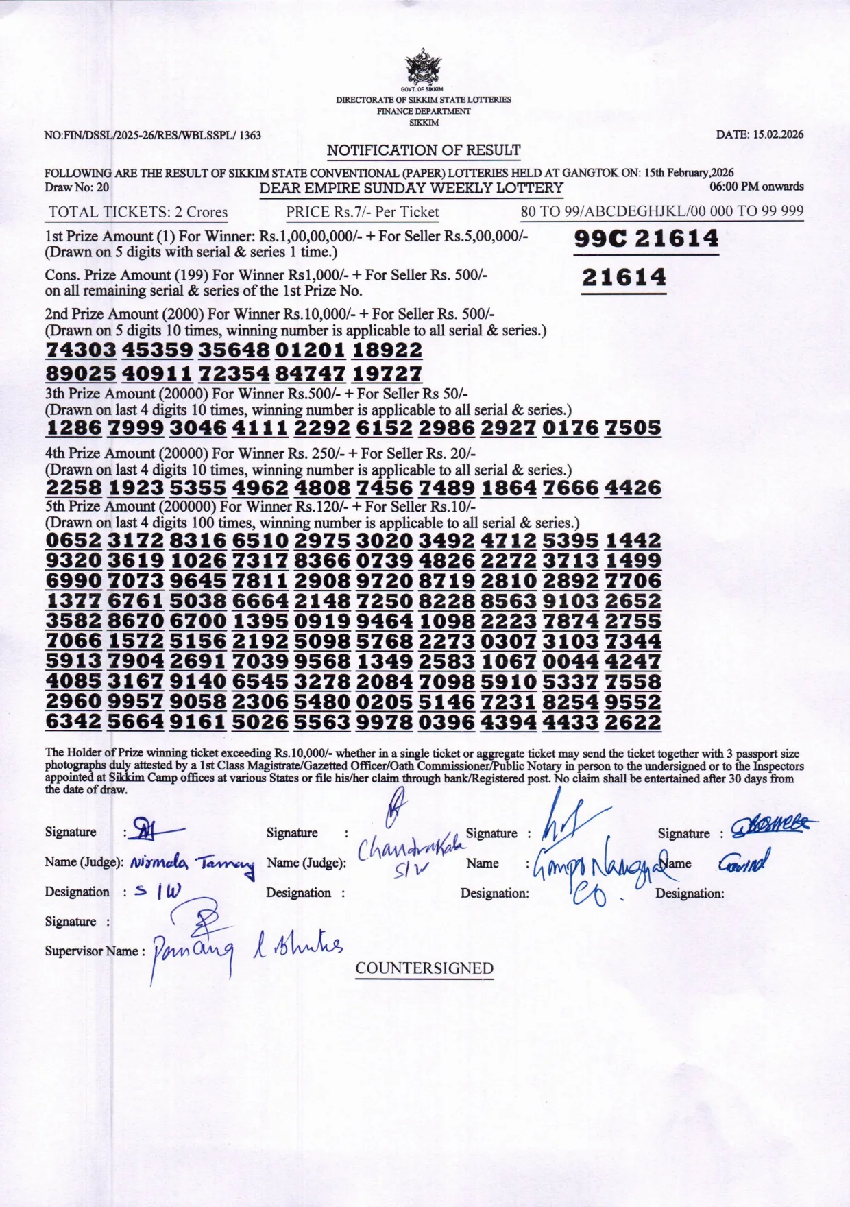 Dear Lottery result sheet 6:00 PM 15-02-2026