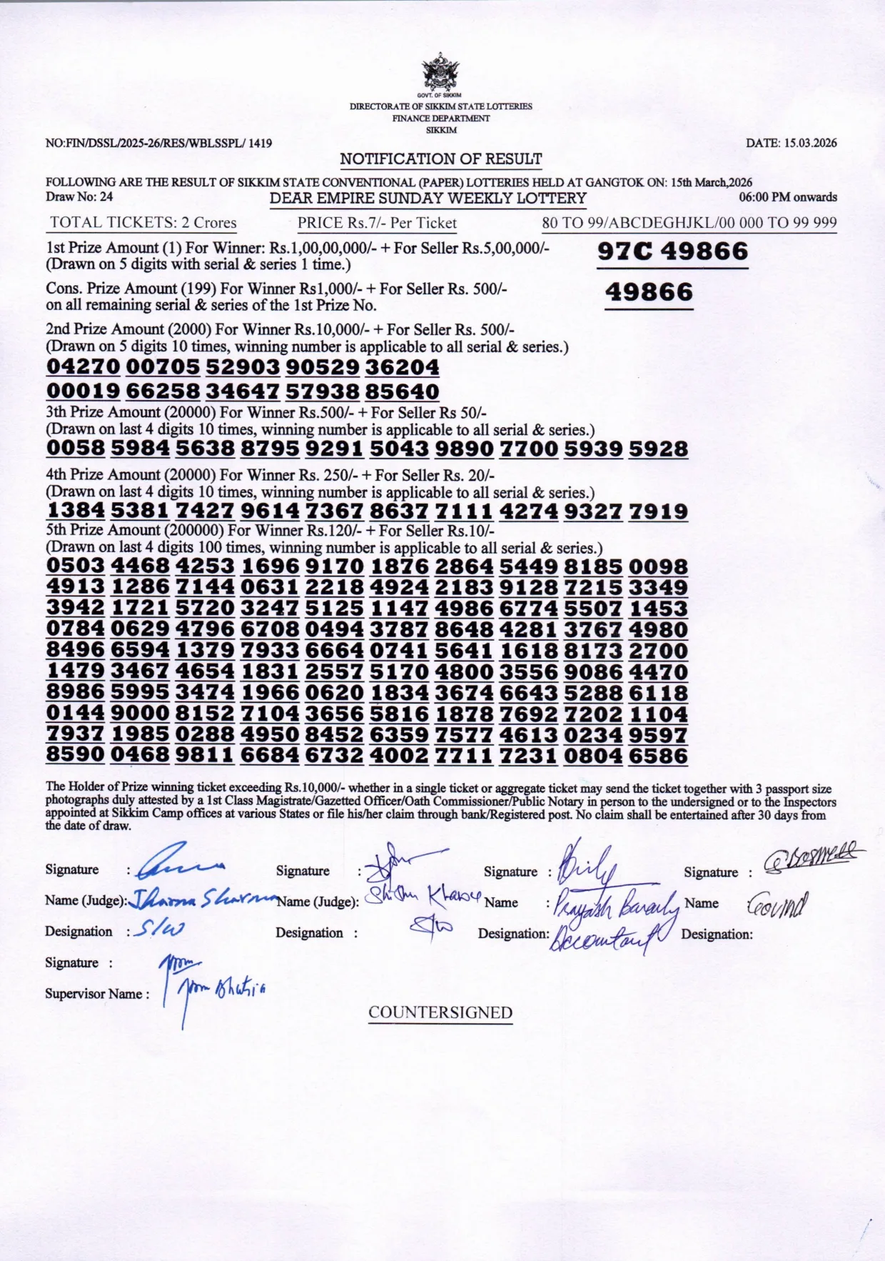 Dear Lottery result sheet 6:00 PM 15-03-2026