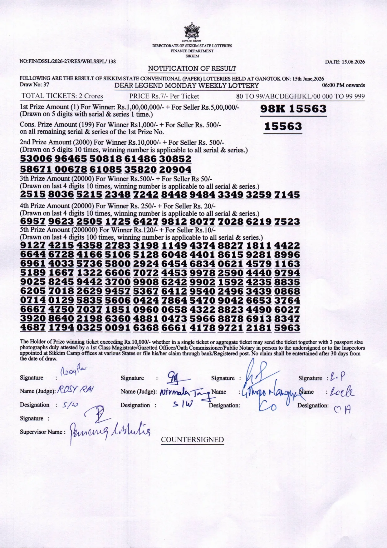 Dear Lottery result sheet 6:00 PM 15-06-2026