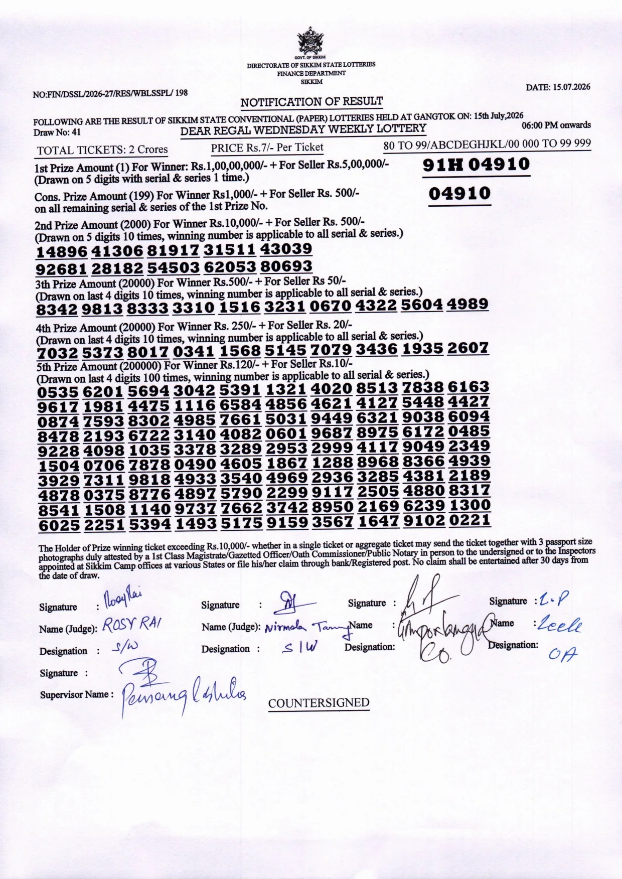 Dear Lottery result sheet 6:00 PM 15-07-2026