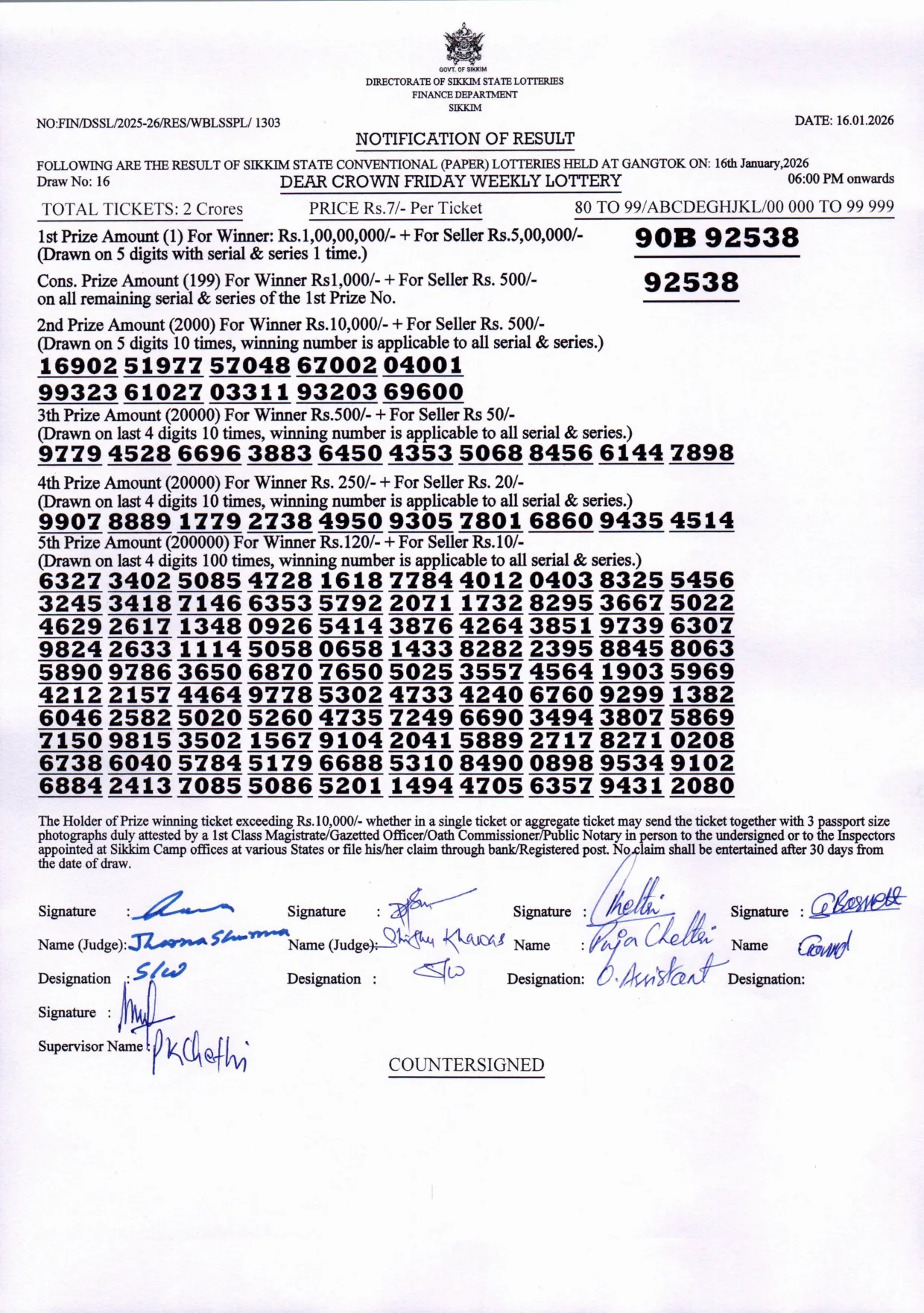 Dear Lottery result sheet 6:00 PM 16-01-2026