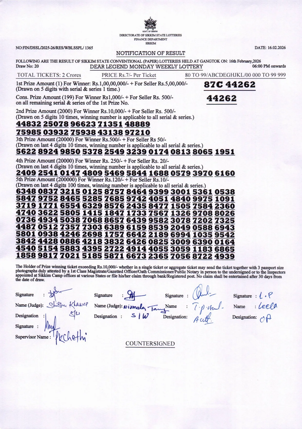 Dear Lottery result sheet 6:00 PM 16-02-2026