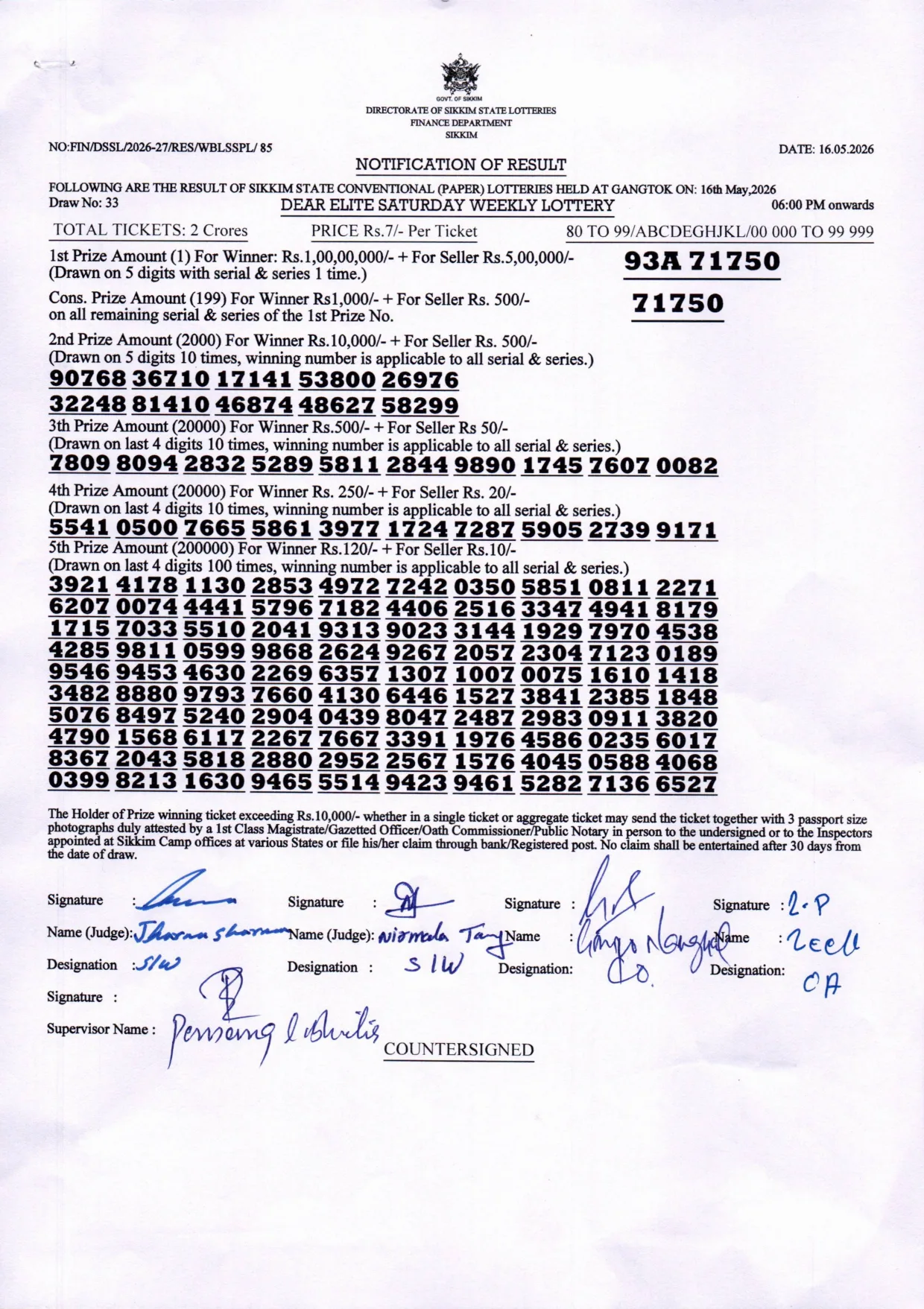Dear Lottery result sheet 6:00 PM 16-05-2026