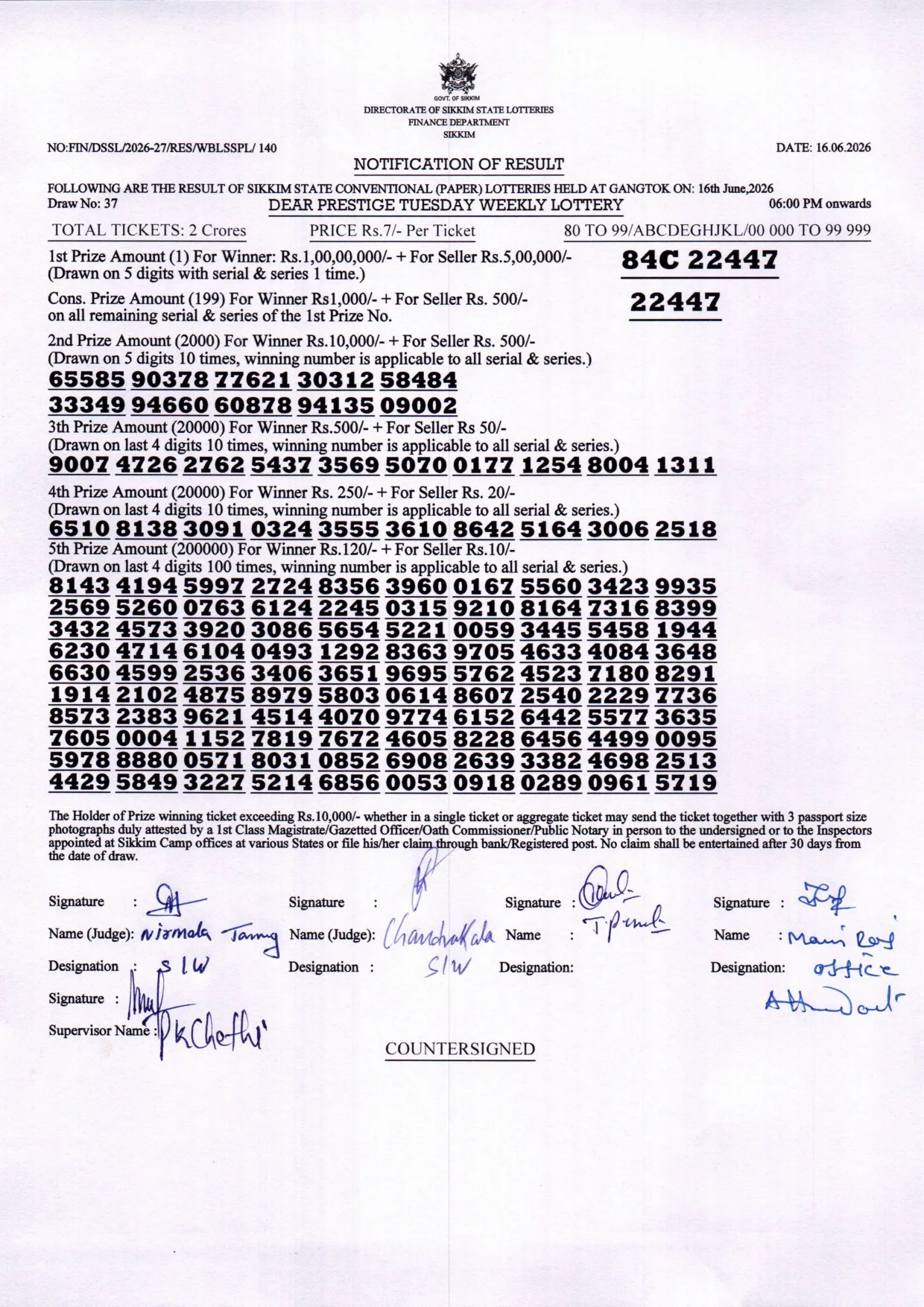 Dear Lottery result sheet 6:00 PM 16-06-2026
