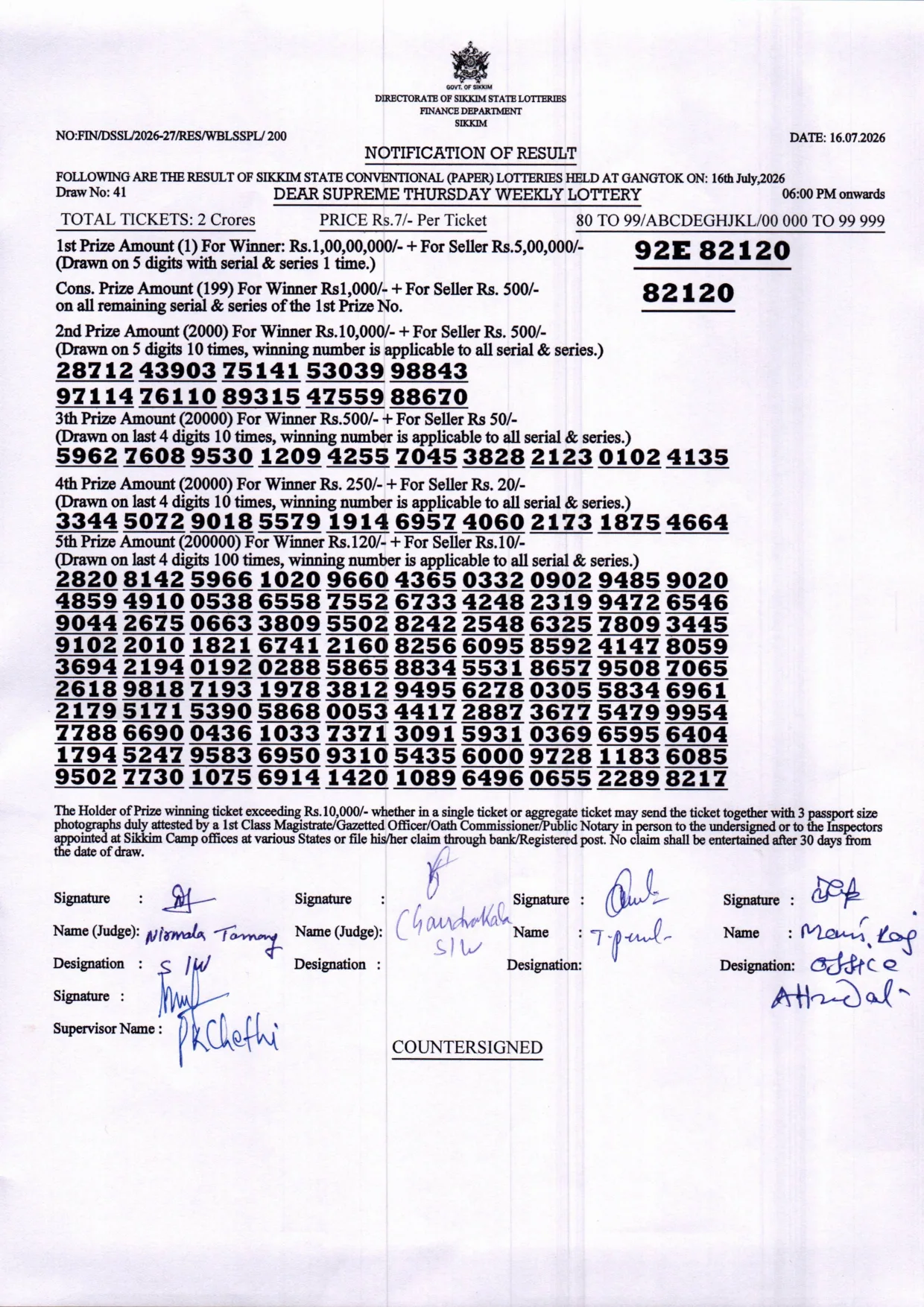 Dear Lottery result sheet 6:00 PM 16-07-2026