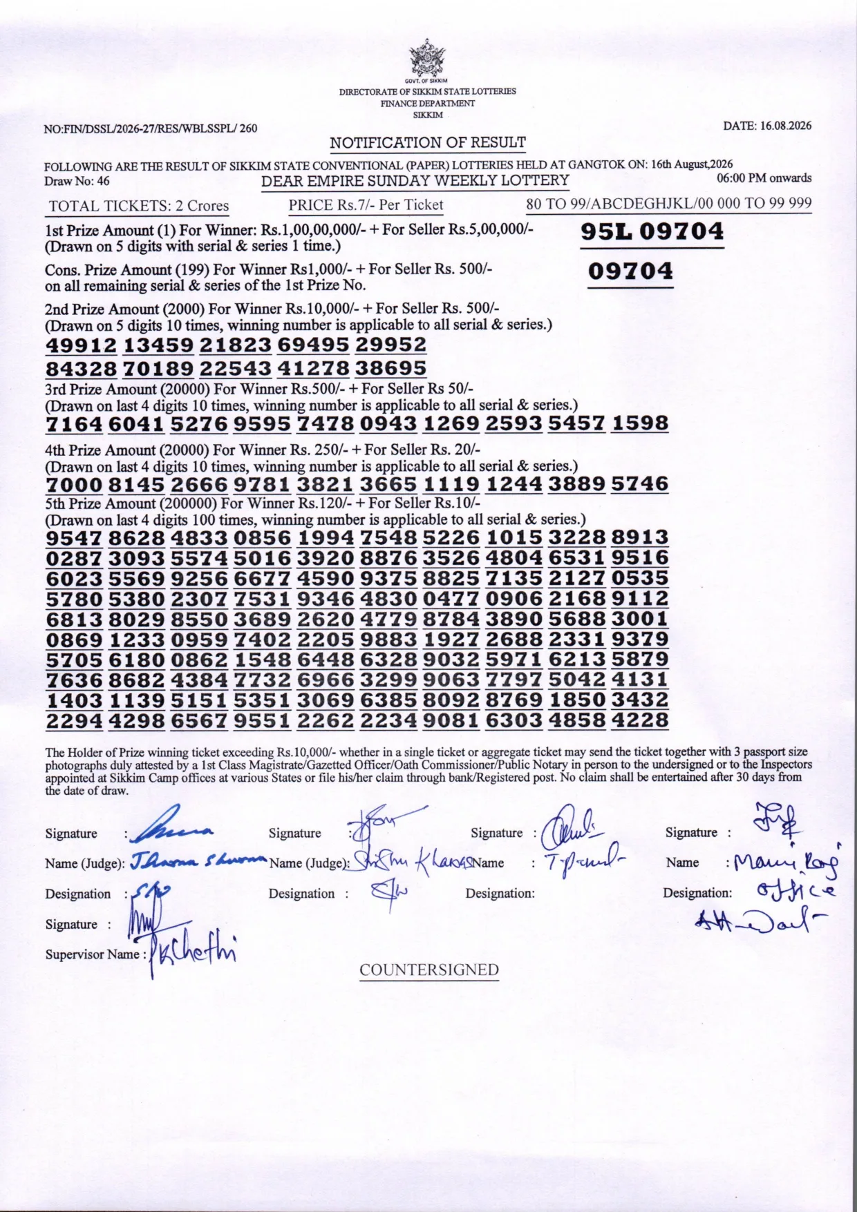 Dear Lottery result sheet 6:00 PM 16-08-2026
