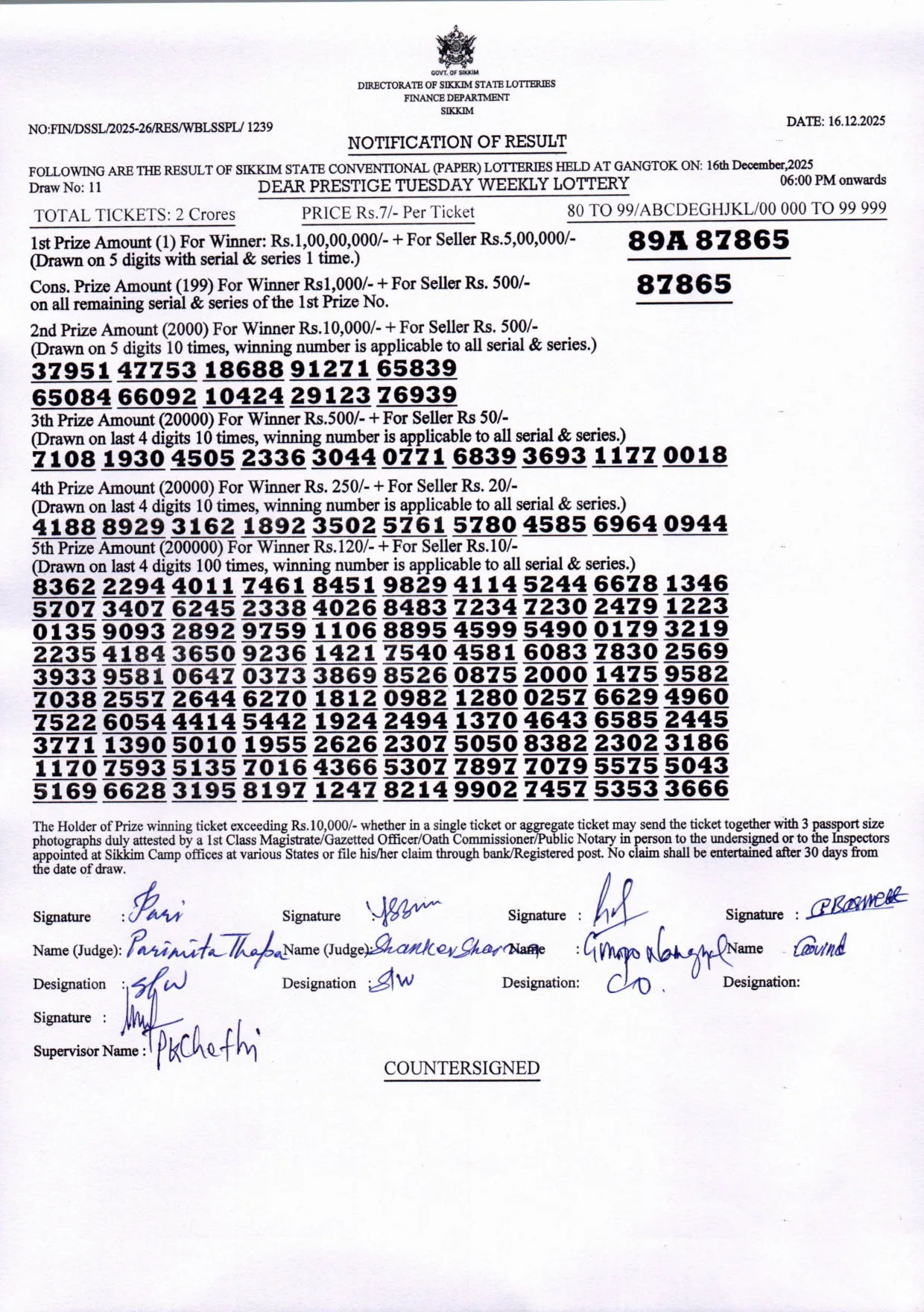 Dear Lottery result sheet 6:00 PM 16-12-2025