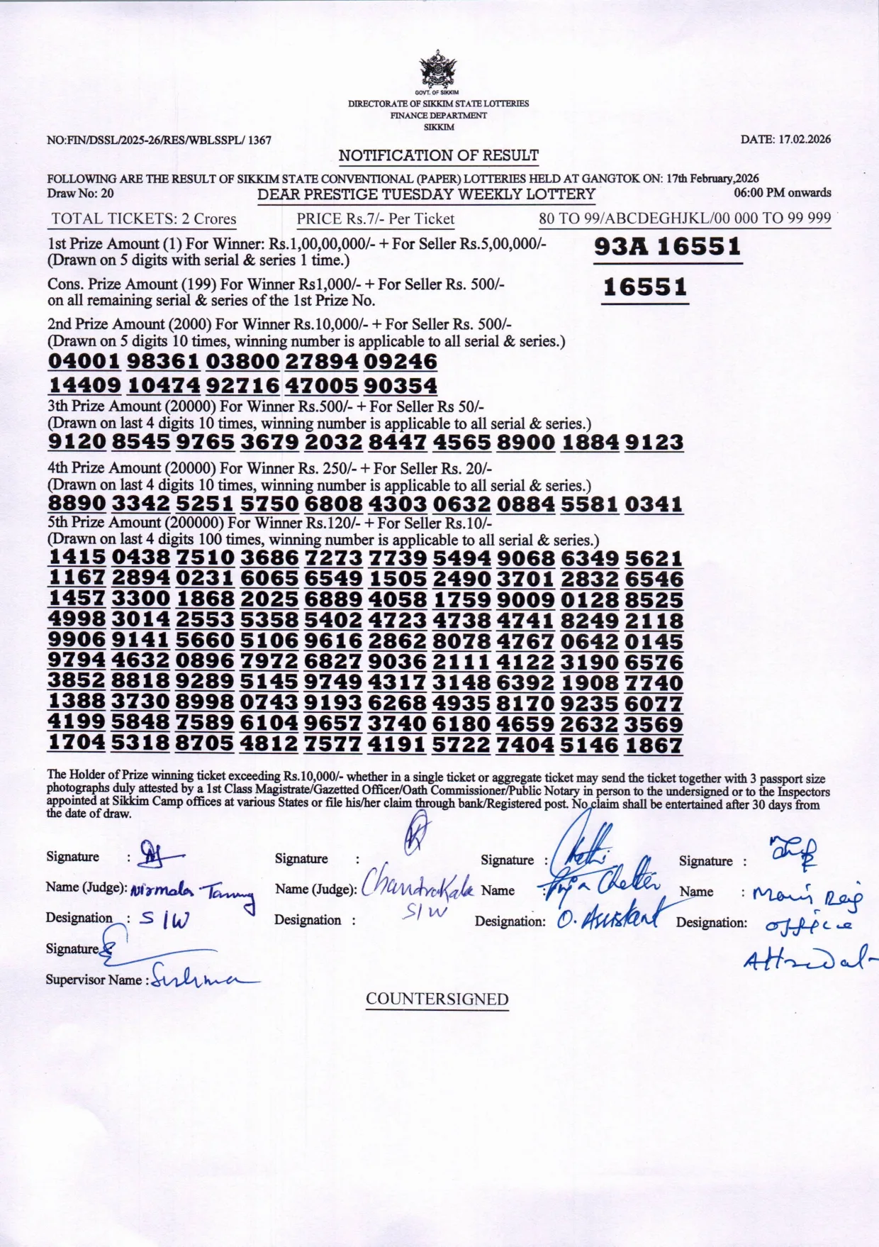 Dear Lottery result sheet 6:00 PM 17-02-2026