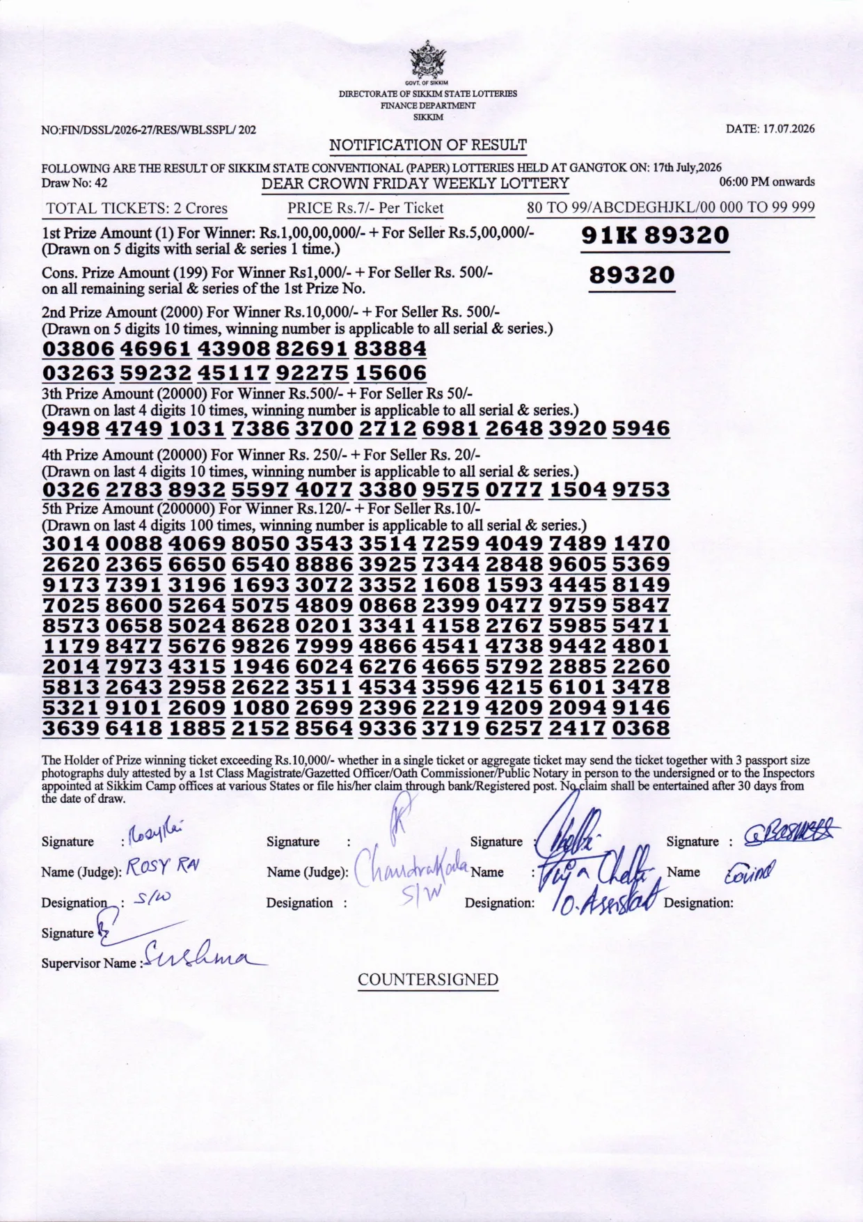 Dear Lottery result sheet 6:00 PM 17-07-2026