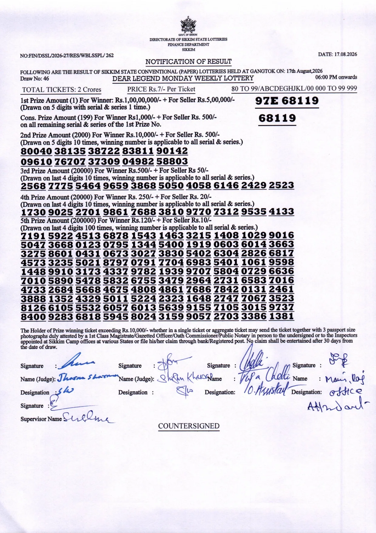 Dear Lottery result sheet 6:00 PM 17-08-2026