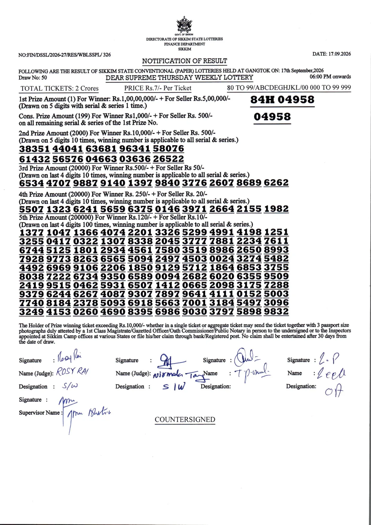 Dear Lottery result sheet 6:00 PM 17-09-2026