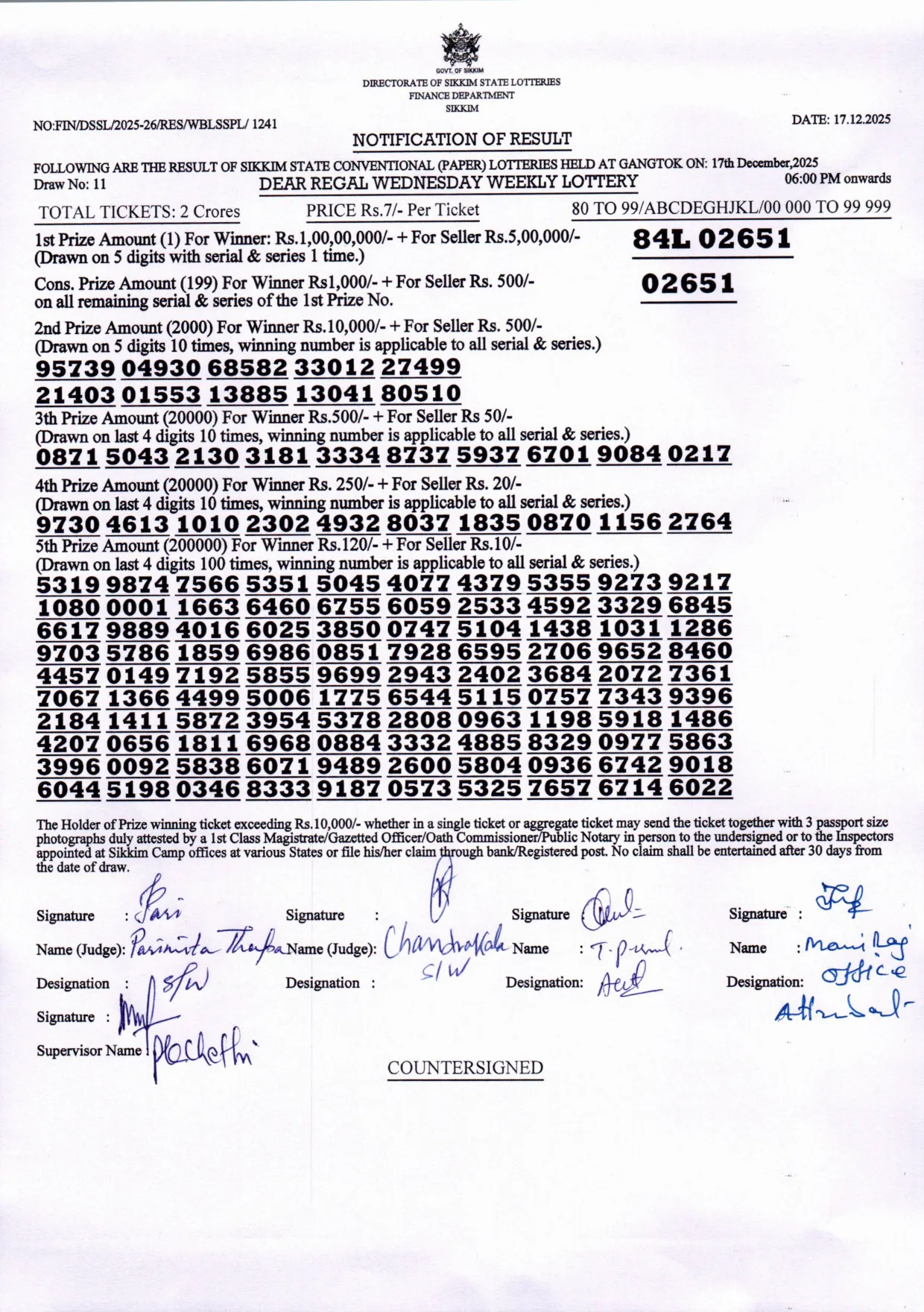 Dear Lottery result sheet 6:00 PM 17-12-2025