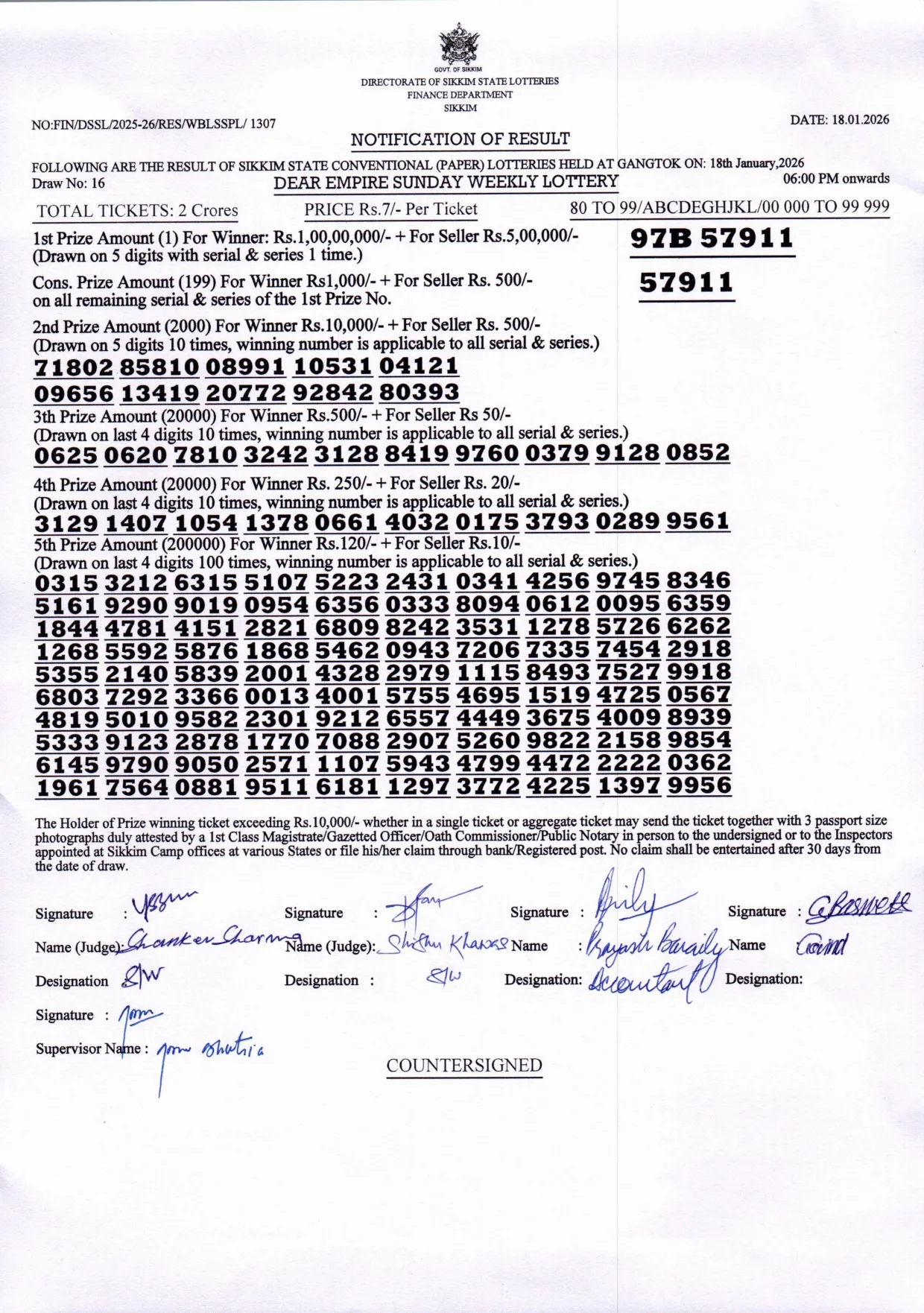 Dear Lottery result sheet 6:00 PM 18-01-2026