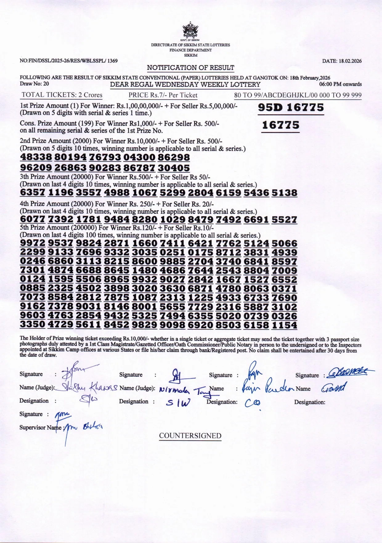 Dear Lottery result sheet 6:00 PM 18-02-2026