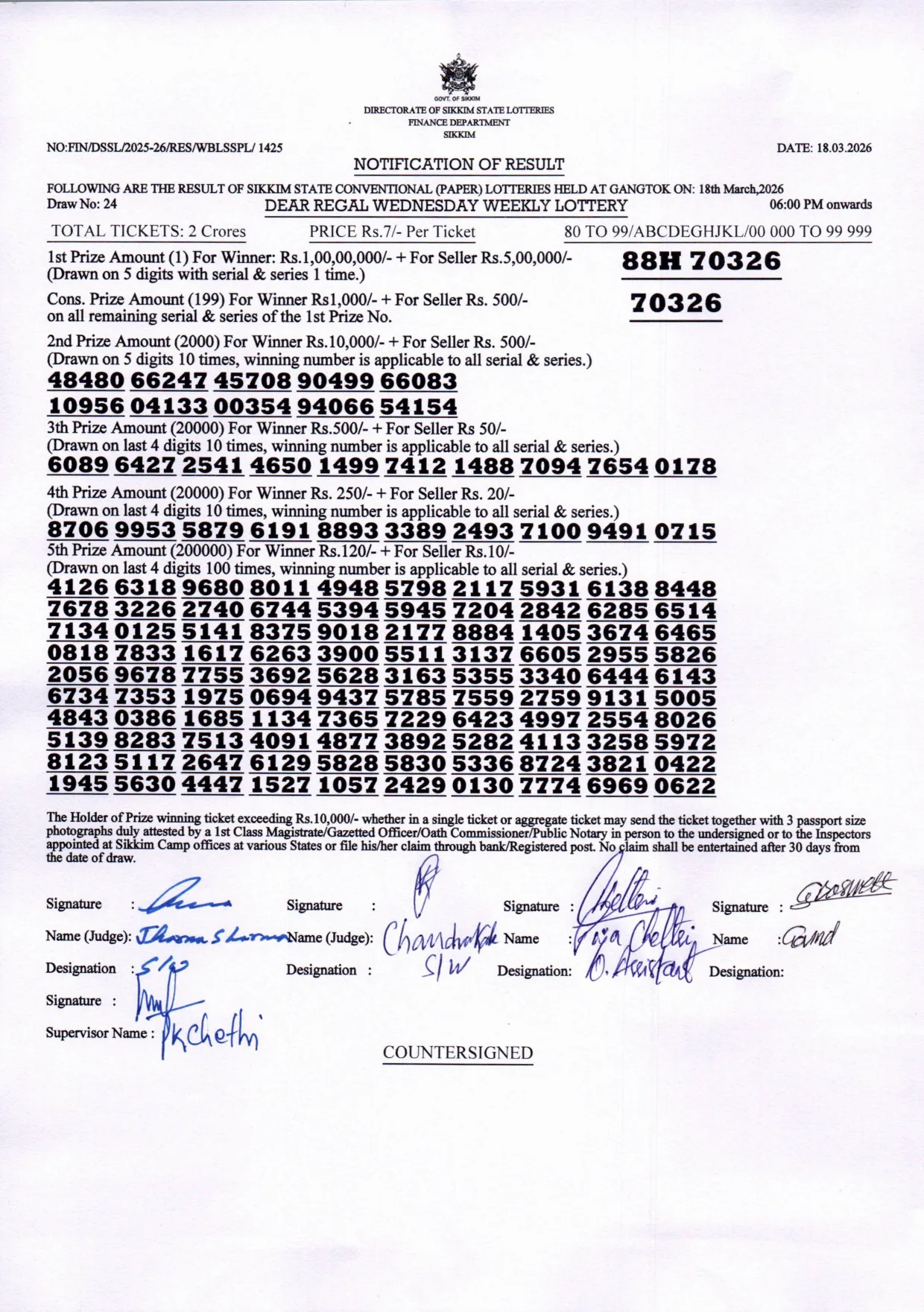 Dear Lottery result sheet 6:00 PM 18-03-2026