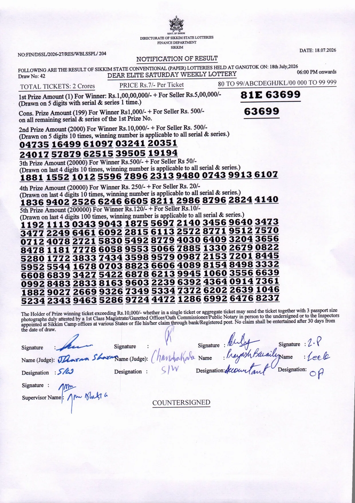 Dear Lottery result sheet 6:00 PM 18-07-2026