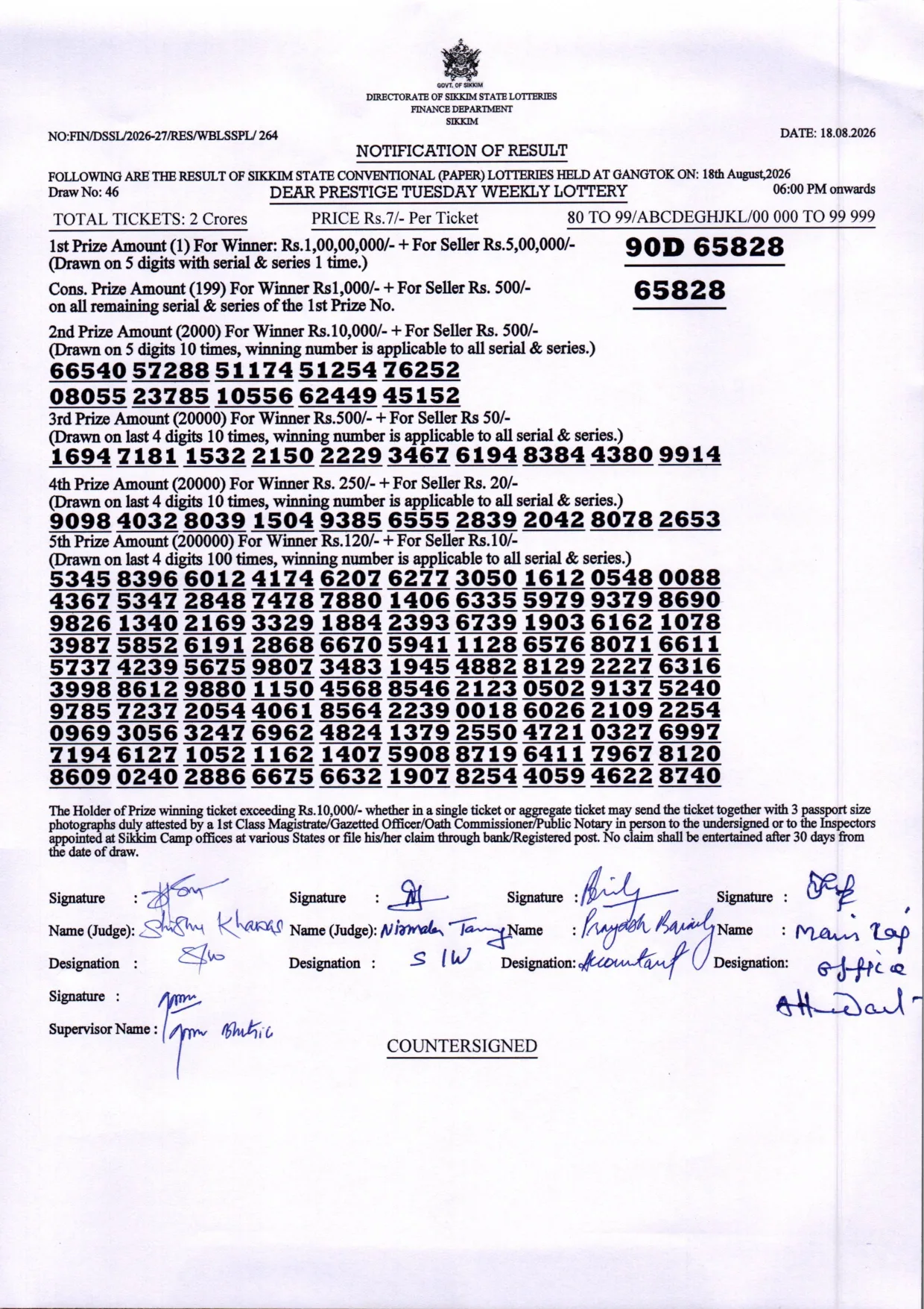 Dear Lottery result sheet 6:00 PM 18-08-2026