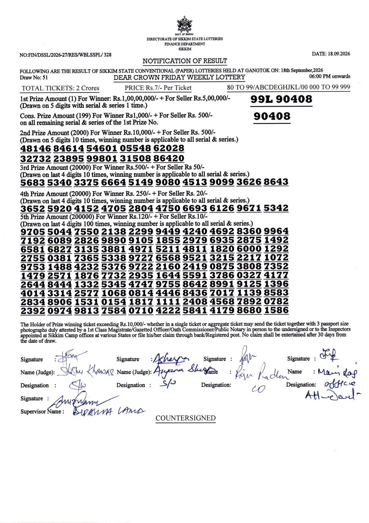 Dear Lottery result sheet 6:00 PM 18-09-2026