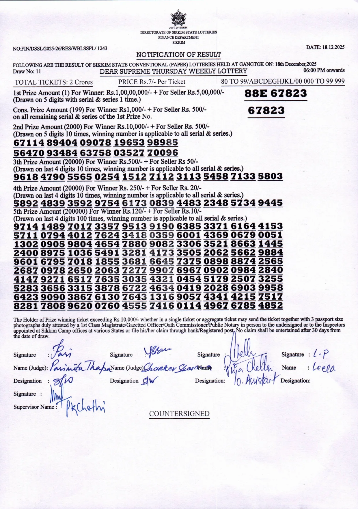 Dear Lottery result sheet 6:00 PM 18-12-2025