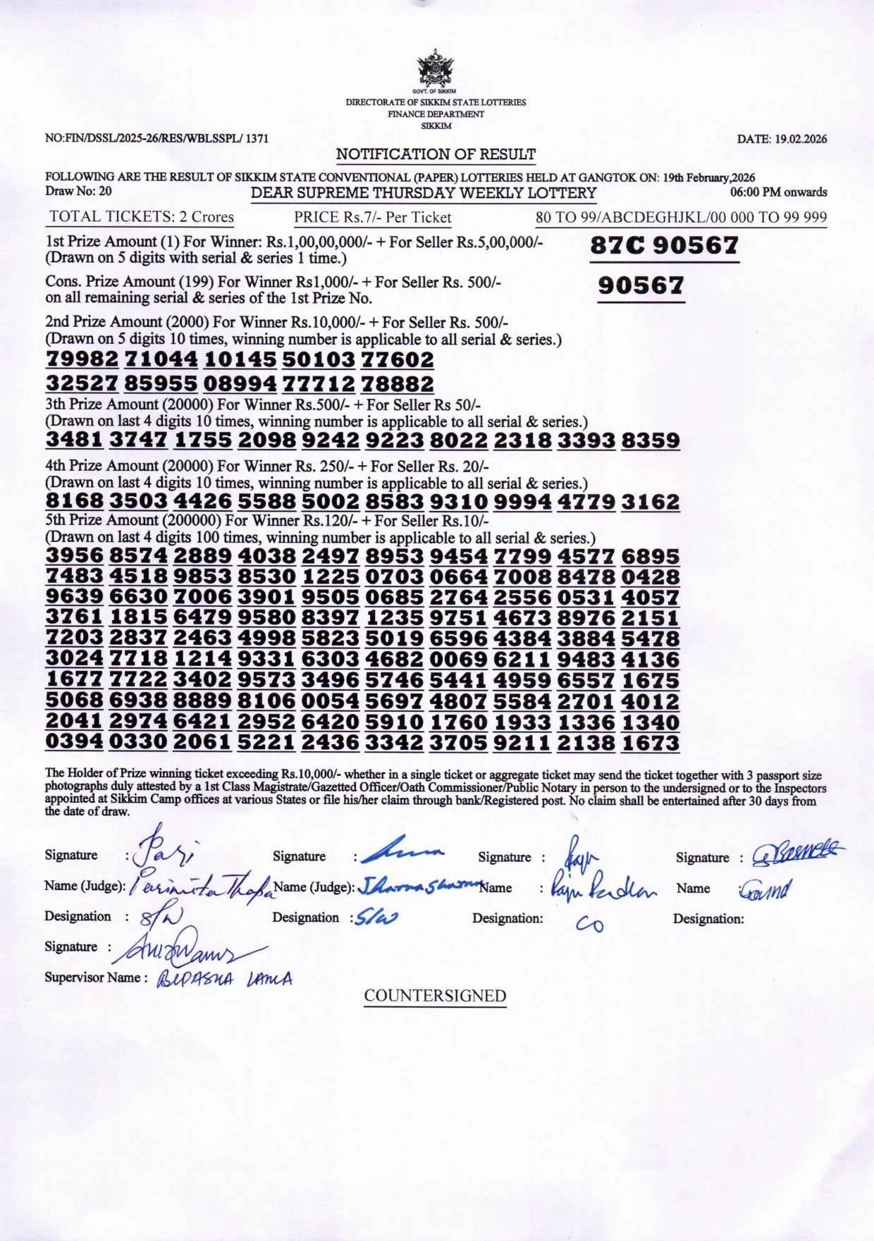 Dear Lottery result sheet 6:00 PM 19-02-2026