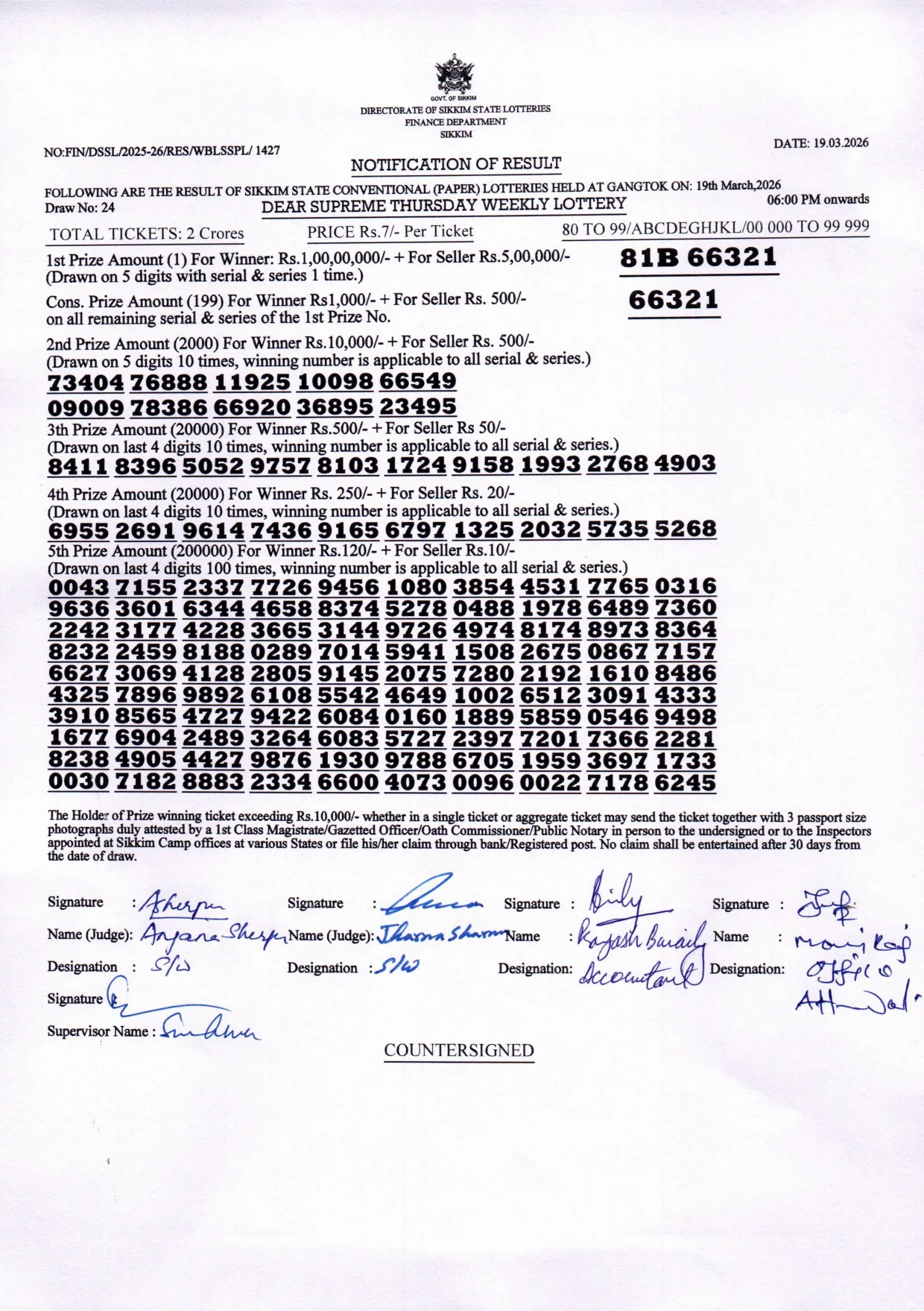 Dear Lottery result sheet 6:00 PM 19-03-2026
