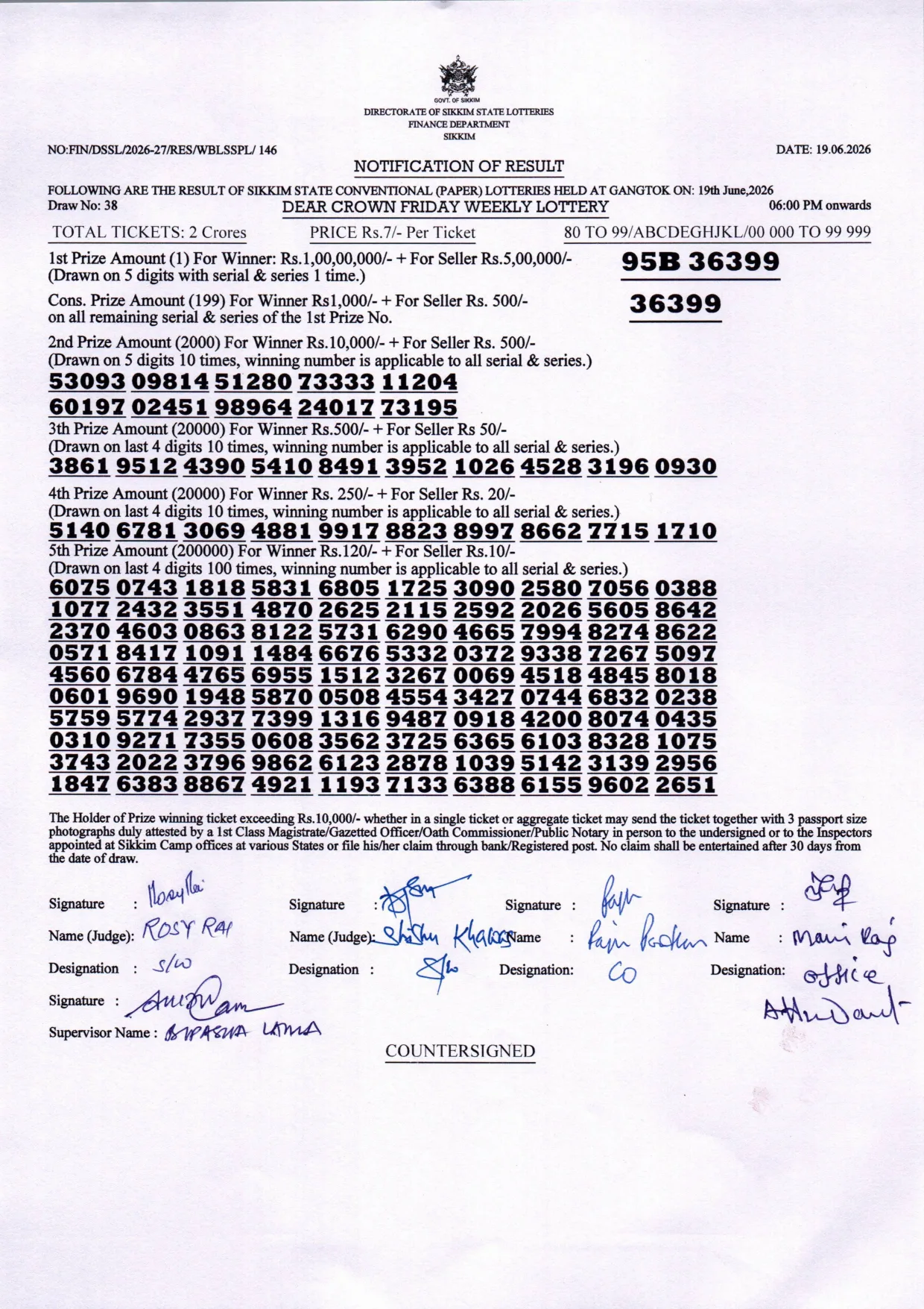 Dear Lottery result sheet 6:00 PM 19-06-2026