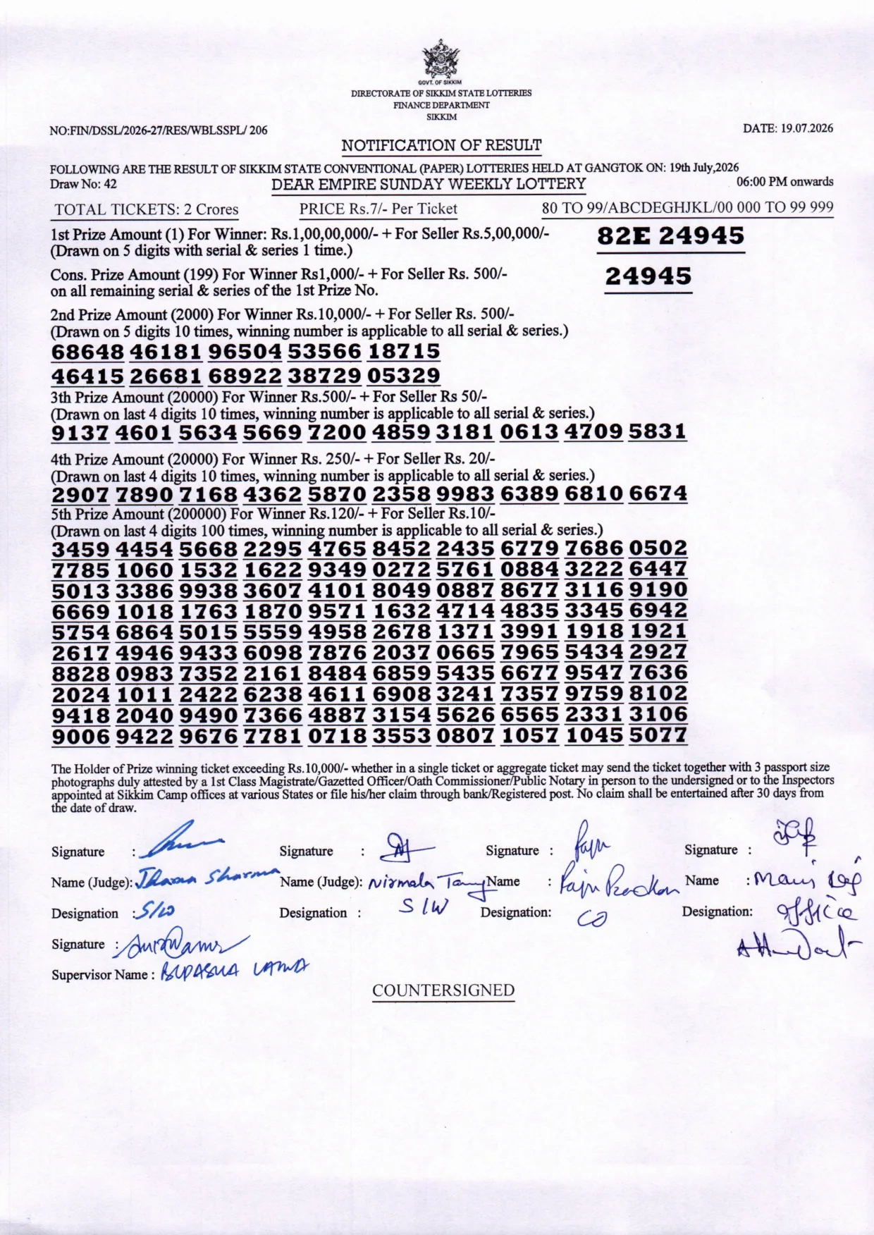 Dear Lottery result sheet 6:00 PM 19-07-2026