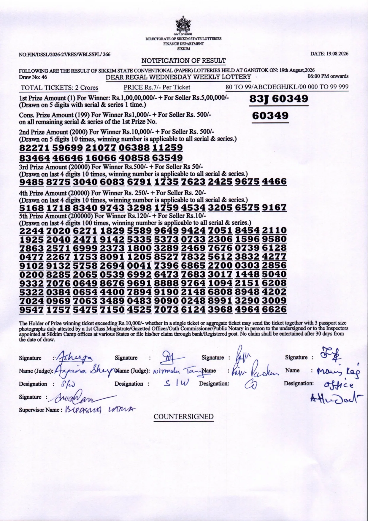 Dear Lottery result sheet 6:00 PM 19-08-2026