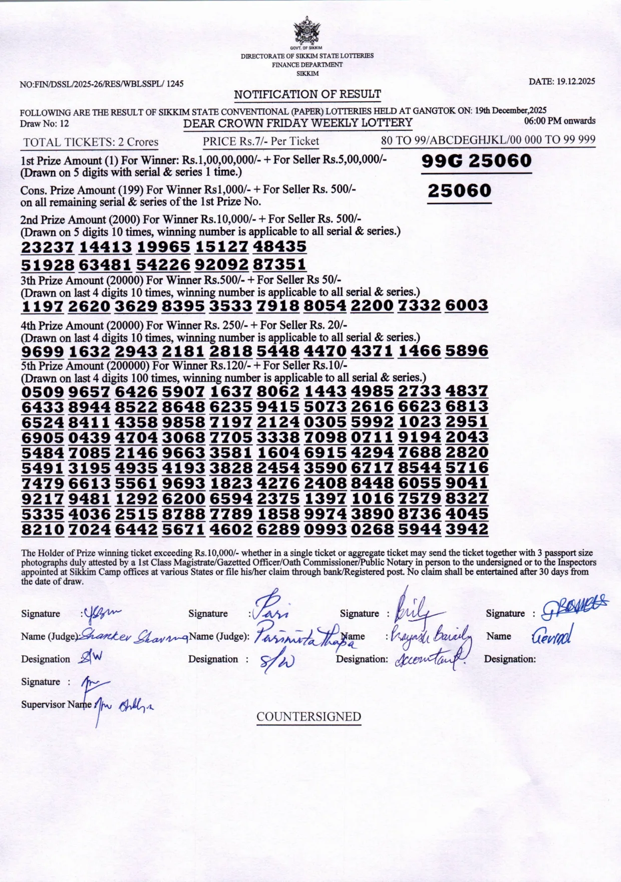 Dear Lottery result sheet 6:00 PM 19-12-2025