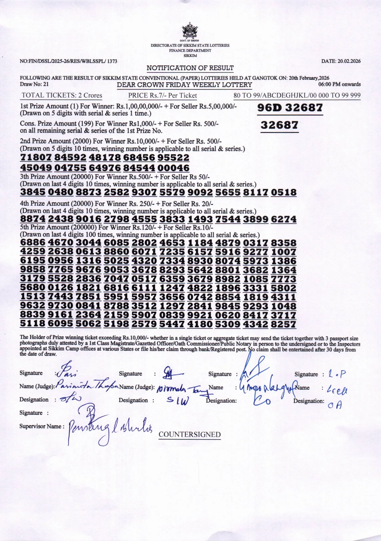 Dear Lottery result sheet 6:00 PM 20-02-2026