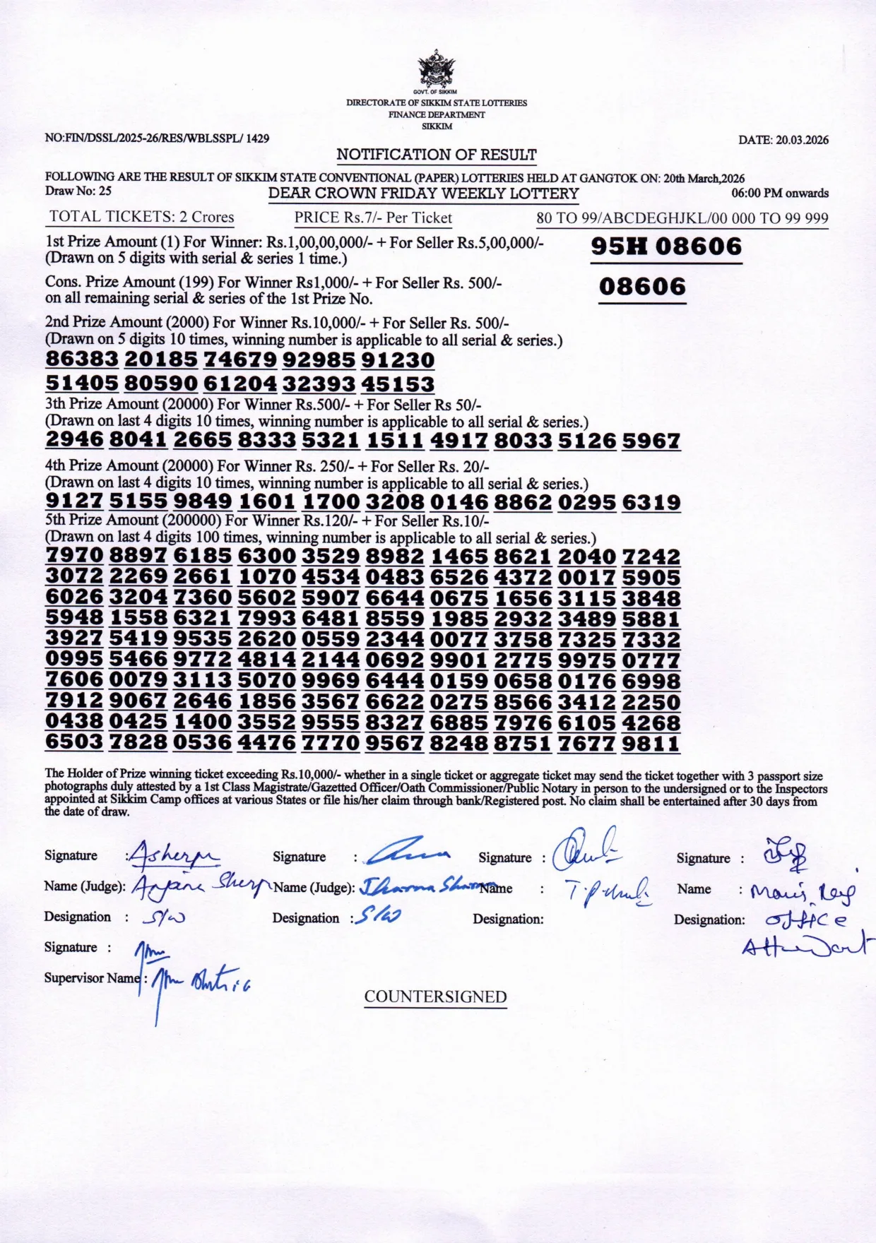Dear Lottery result sheet 6:00 PM 20-03-2026