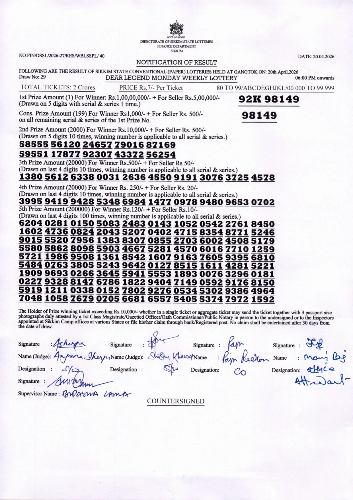 Dear Lottery result sheet 6:00 PM 20-04-2026