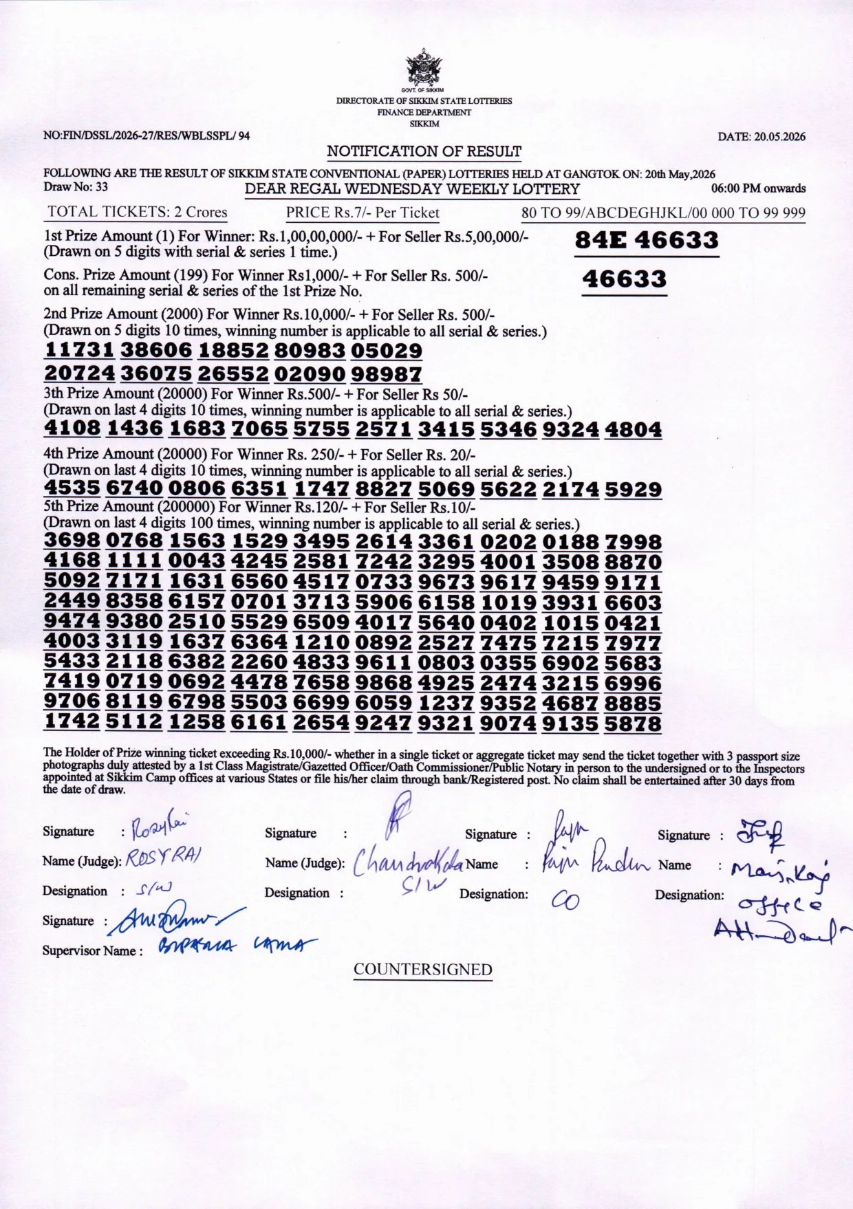 Dear Lottery result sheet 6:00 PM 20-05-2026