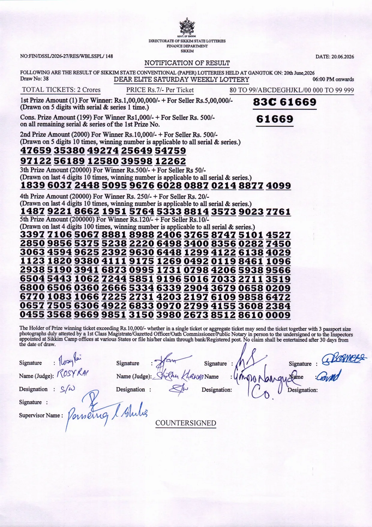 Dear Lottery result sheet 6:00 PM 20-06-2026