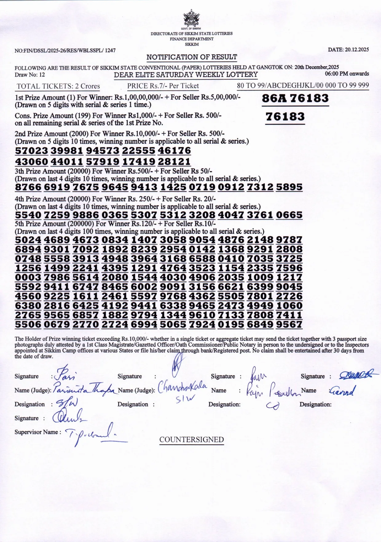 Dear Lottery result sheet 6:00 PM 20-12-2025