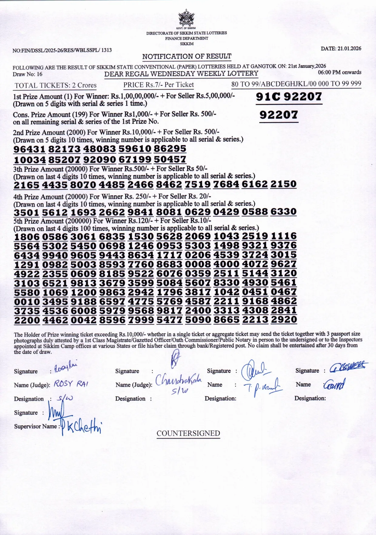 Dear Lottery result sheet 6:00 PM 21-01-2026