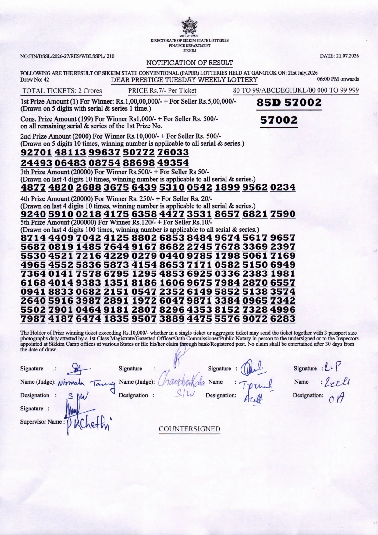 Dear Lottery result sheet 6:00 PM 21-07-2026