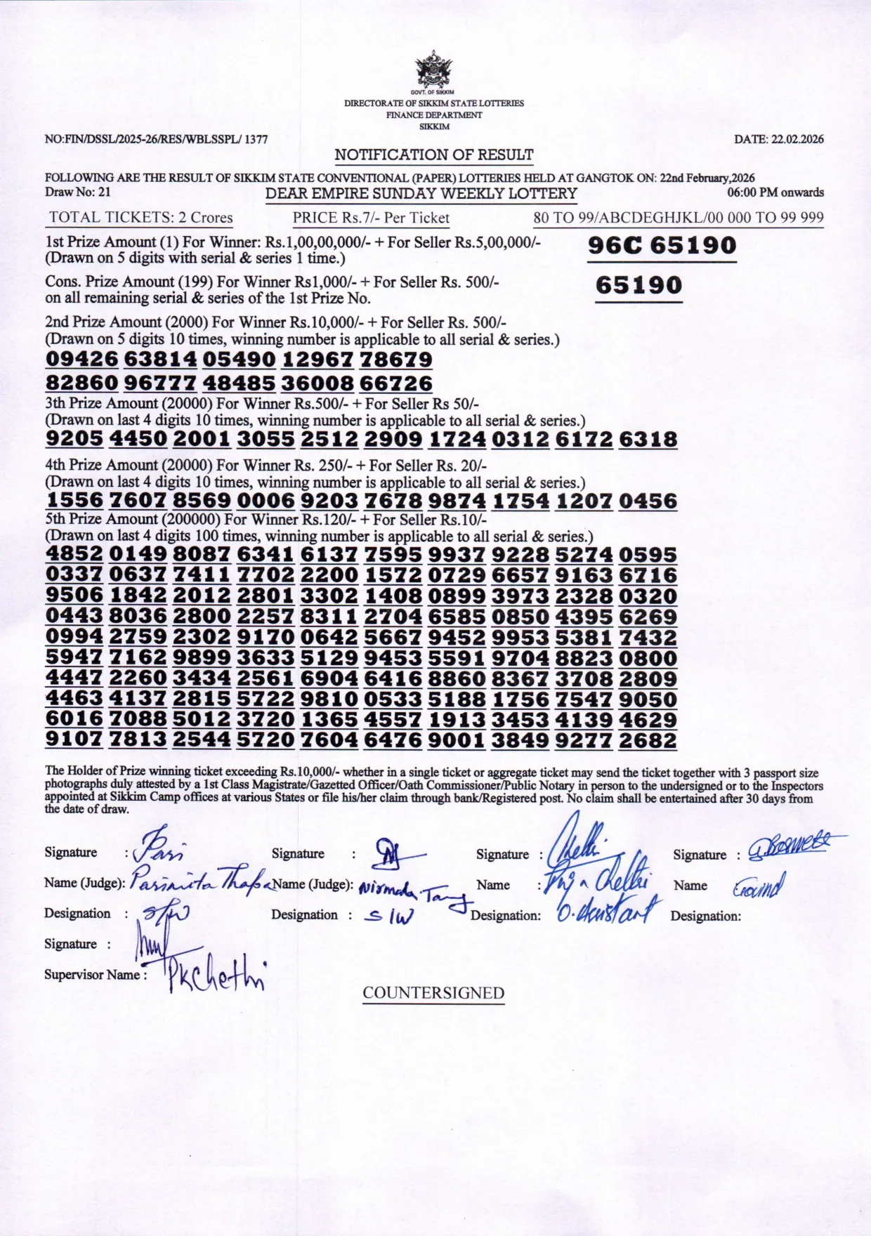 Dear Lottery result sheet 6:00 PM 22-02-2026