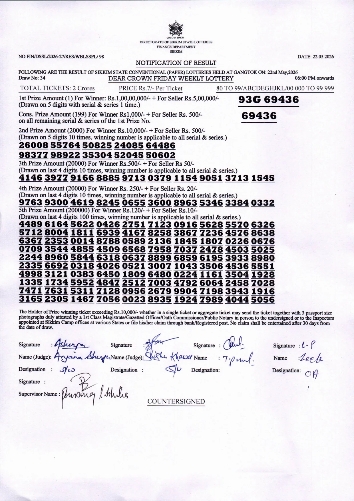Dear Lottery result sheet 6:00 PM 22-05-2026
