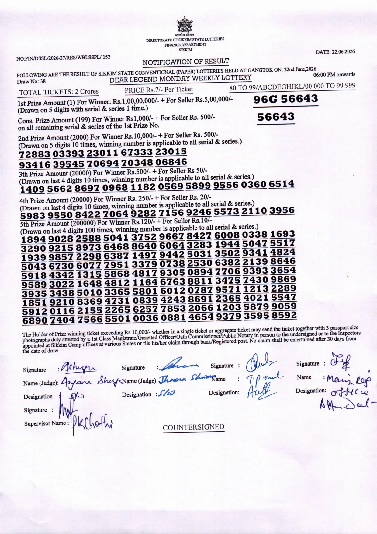 Dear Lottery result sheet 6:00 PM 22-06-2026