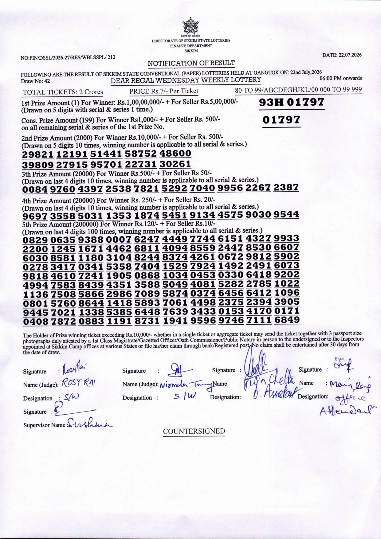 Dear Lottery result sheet 6:00 PM 22-07-2026