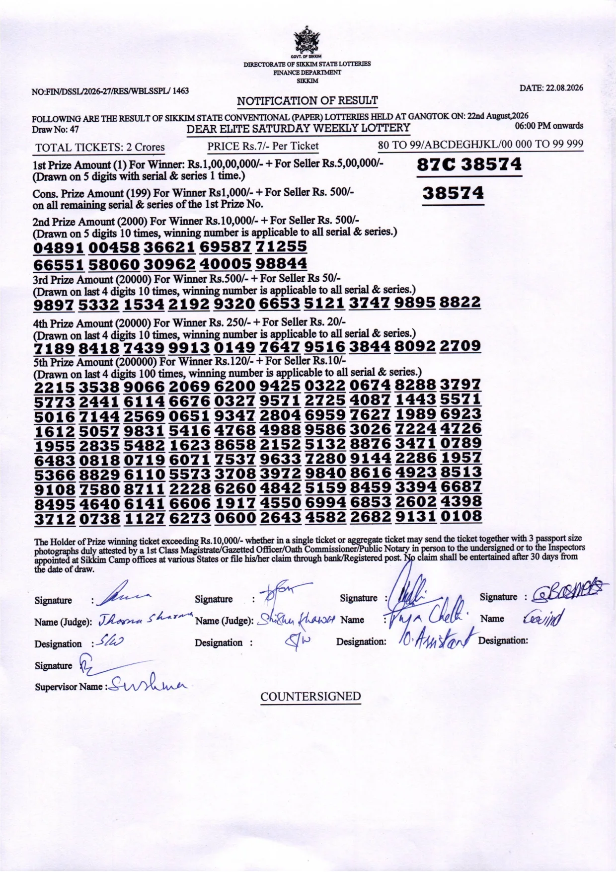 Dear Lottery result sheet 6:00 PM 22-08-2026