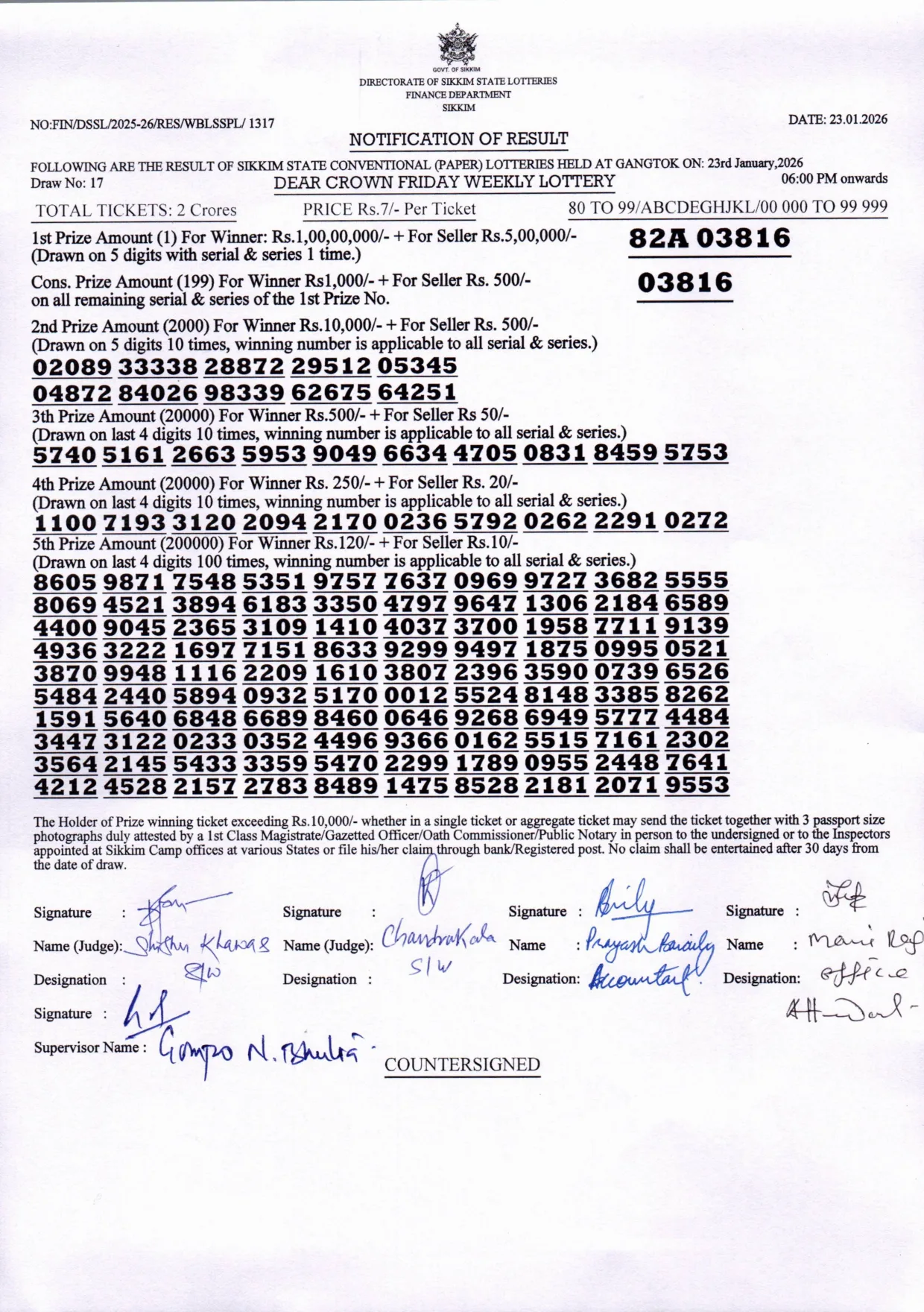 Dear Lottery result sheet 6:00 PM 23-01-2026
