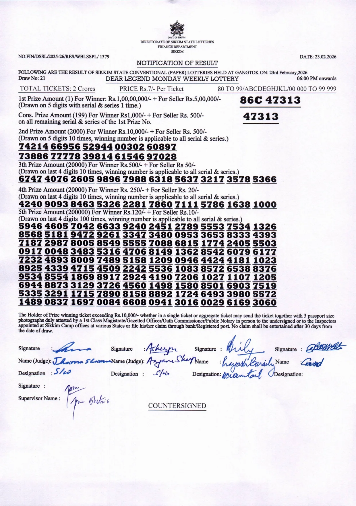 Dear Lottery result sheet 6:00 PM 23-02-2026