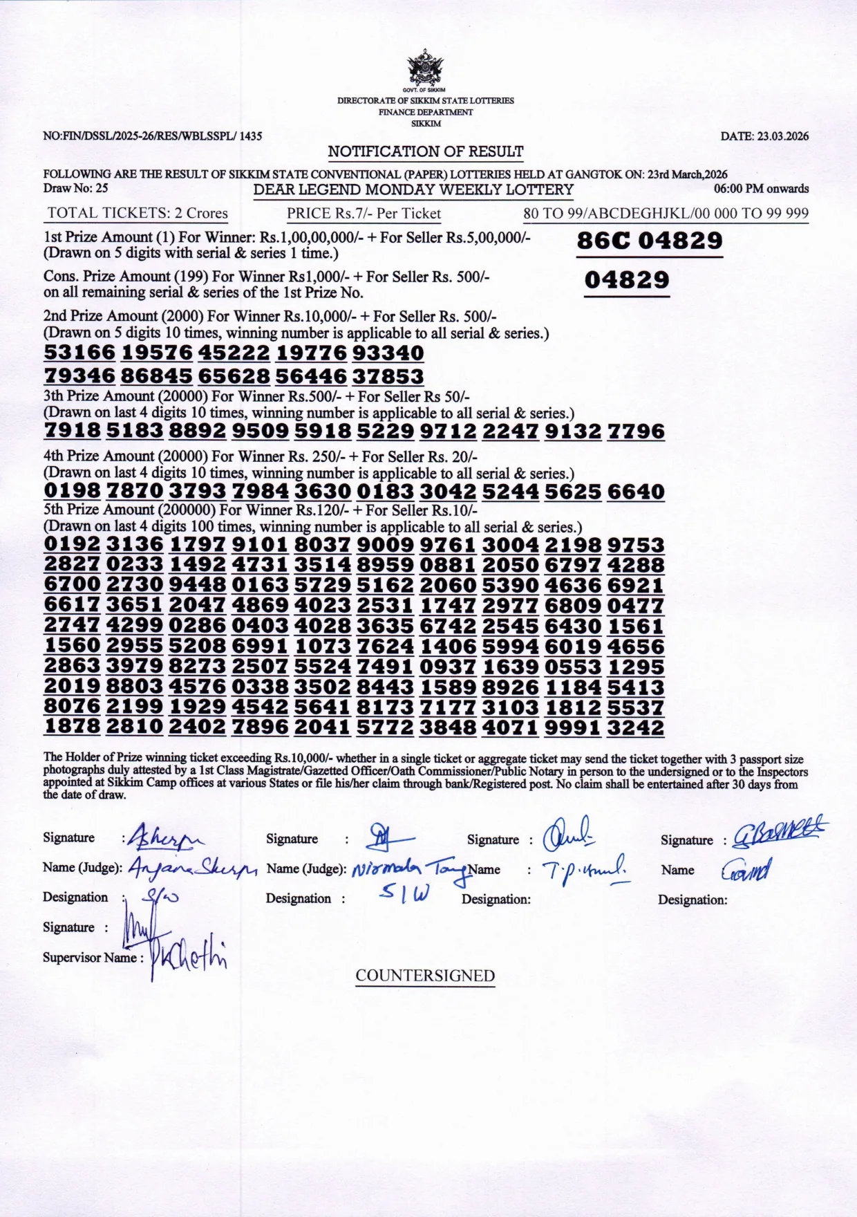 Dear Lottery result sheet 6:00 PM 23-03-2026