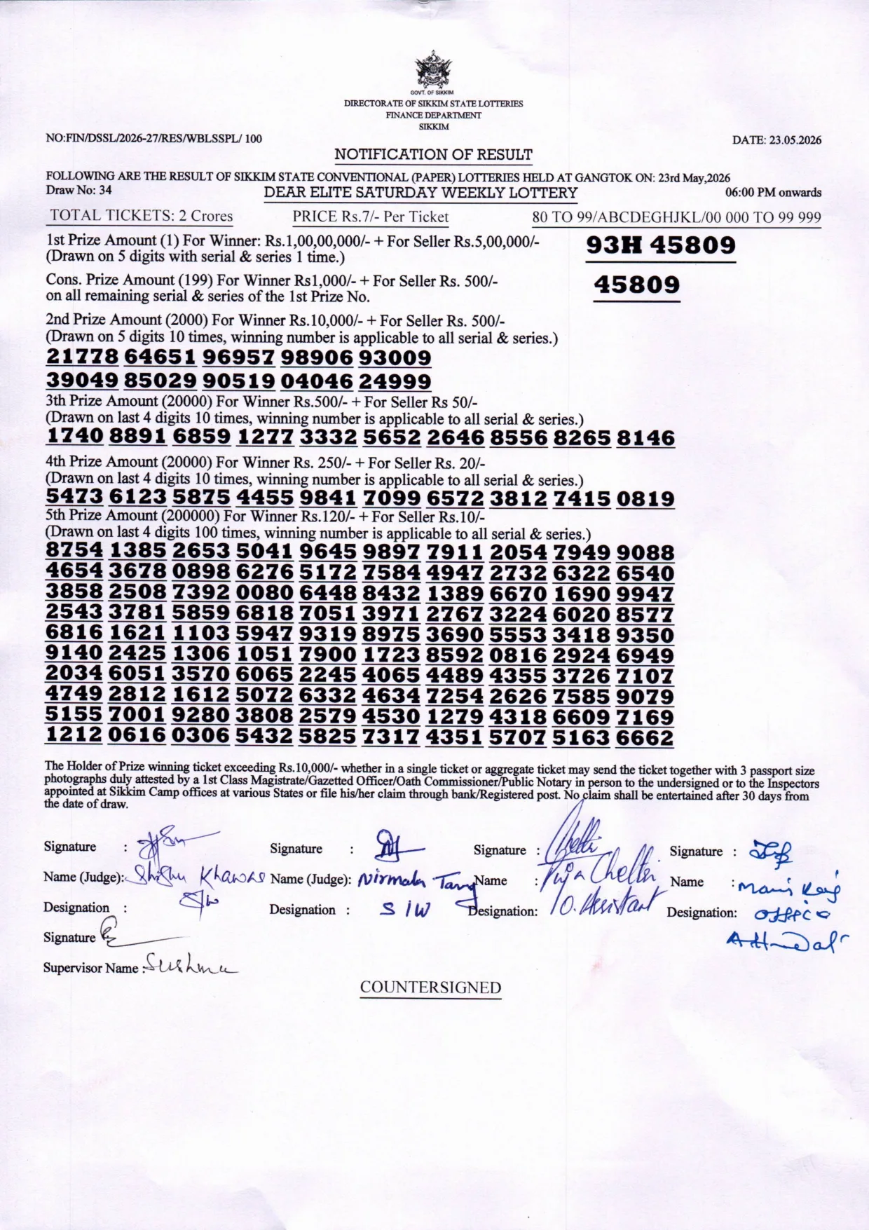 Dear Lottery result sheet 6:00 PM 23-05-2026