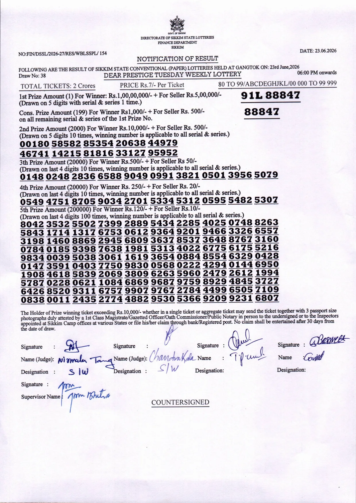 Dear Lottery result sheet 6:00 PM 23-06-2026