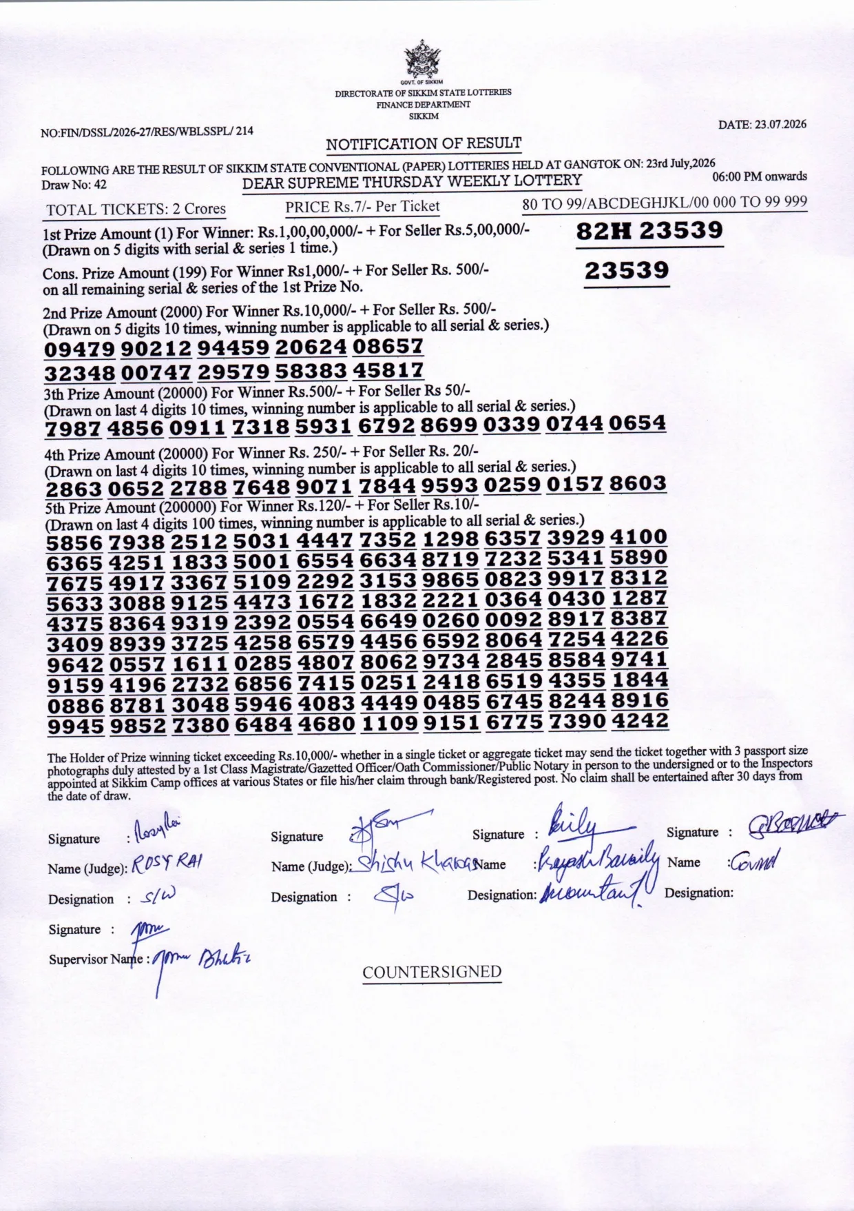 Dear Lottery result sheet 6:00 PM 23-07-2026